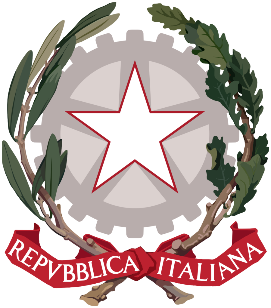 Emblema della Repubblica Italiana con stella, ruota dentata, ramo d’ulivo e ramo di quercia