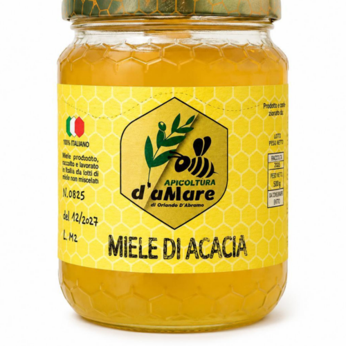 Vasetto di miele di acacia Apicoltura d’aMare su sfondo bianco