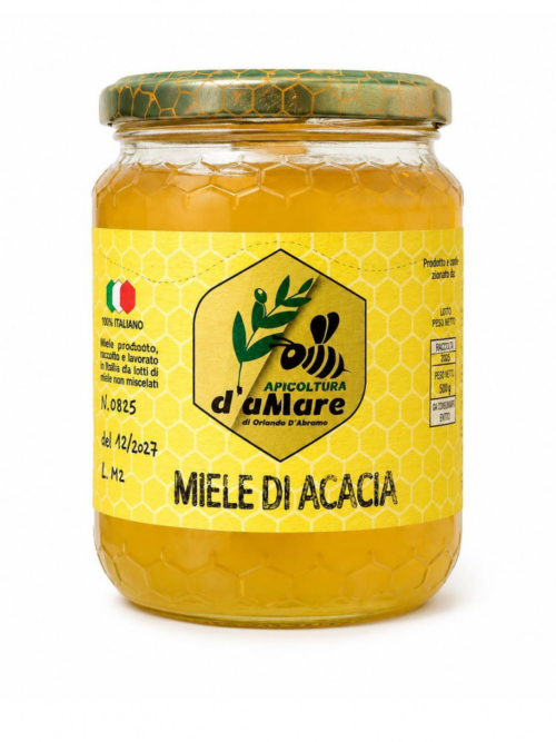 Vasetto di miele di acacia Apicoltura d’aMare su sfondo bianco