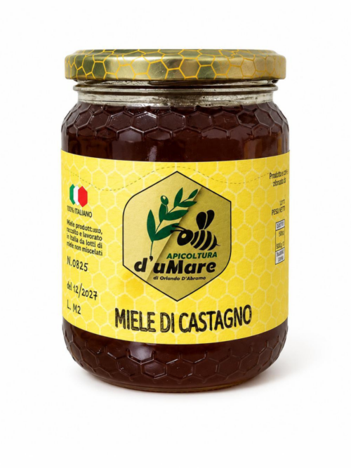 Vasetto di miele di castagno Apicoltura d’aMare su sfondo bianco