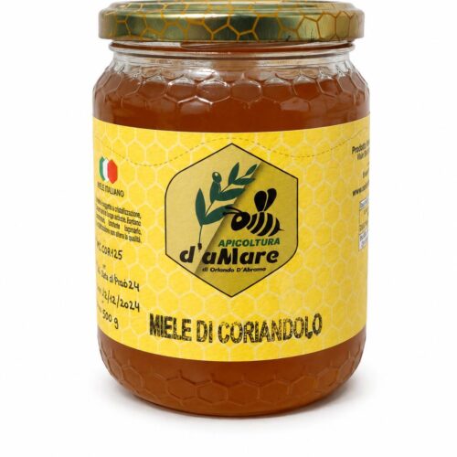 Vasetto di miele di coriandolo Apicoltura d’aMare su sfondo bianco