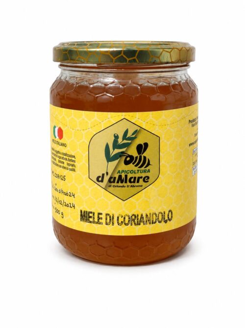 Vasetto di miele di coriandolo Apicoltura d’aMare su sfondo bianco
