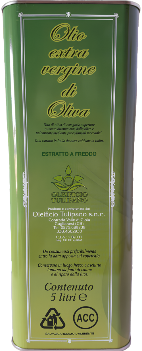 Latta da 5 litri di olio extravergine di oliva Oleificio Tulipano estratto a freddo, vista frontale su sfondo bianco.