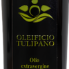 Bottiglia da 500 ml di olio extravergine di oliva italiano Oleificio Tulipano con etichetta nera e verde, vista frontale su sfondo bianco.