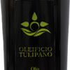 Bottiglia da 750 ml di olio extravergine di oliva italiano Oleificio Tulipano con etichetta nera e verde, vista frontale su sfondo bianco.
