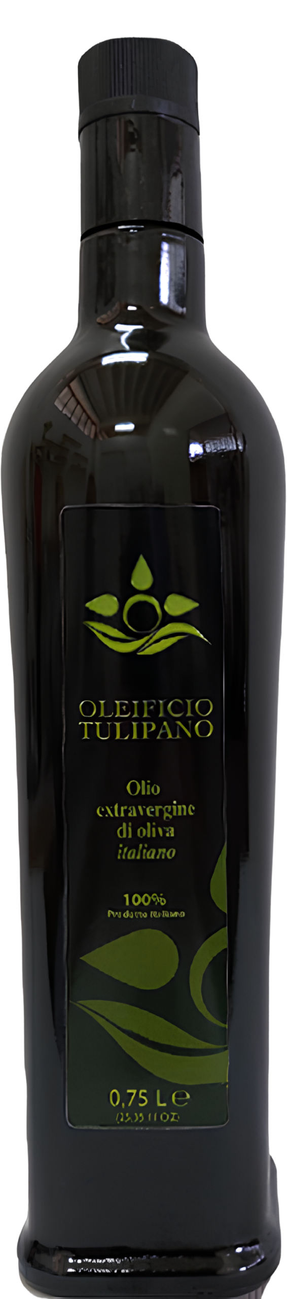 Bottiglia da 750 ml di olio extravergine di oliva italiano Oleificio Tulipano con etichetta nera e verde, vista frontale su sfondo bianco.