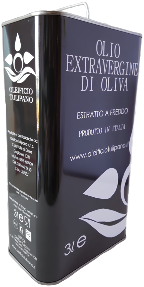 Latta da 3 litri di olio extravergine di oliva Oleificio Tulipano estratto a freddo, vista frontale in prospettiva.