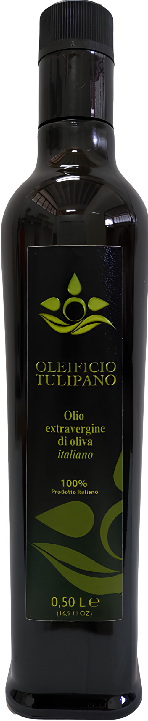 Bottiglia da 500 ml di olio extravergine di oliva italiano Oleificio Tulipano con etichetta nera e verde, vista frontale su sfondo bianco.