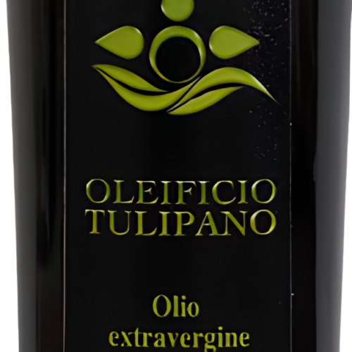 Bottiglia da 500 ml di olio extravergine di oliva italiano Oleificio Tulipano con etichetta nera e verde, vista frontale su sfondo bianco.